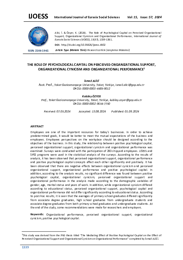 (PDF) THE ROLE OF PSYCHOLOGICAL CAPITAL ON PERCEIVED ORGANIZATIONAL ...