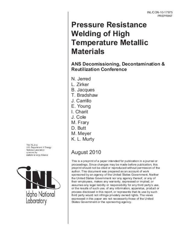 (PDF) Pressure Resistance Welding of High Temperature Metallic Materials