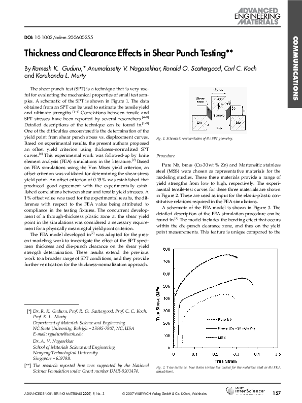 (PDF) Thickness and Clearance Effects in Shear Punch Testing
