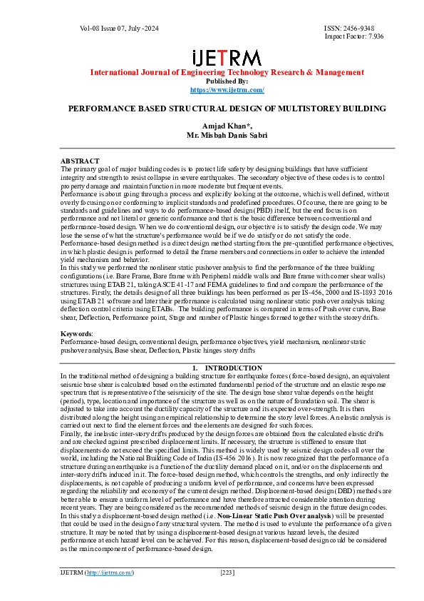 (PDF) PERFORMANCE BASED STRUCTURAL DESIGN OF MULTISTOREY BUILDING