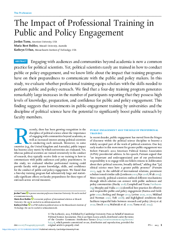 (PDF) The Impact of Professional Training in Public and Policy Engagement