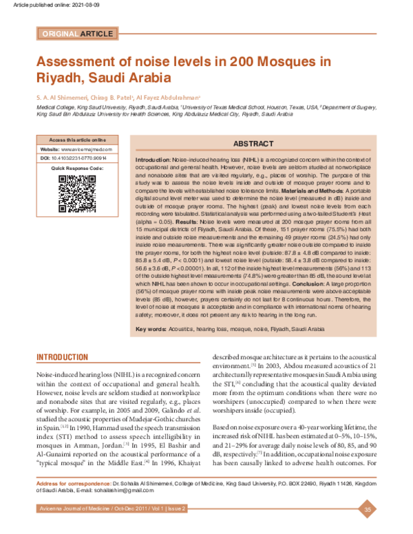 (PDF) Assessment of noise levels in 200 Mosques in Riyadh, Saudi Arabia