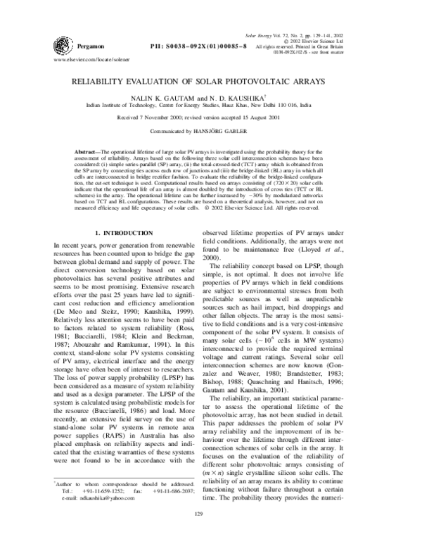 (PDF) Reliability evaluation of solar photovoltaic arrays