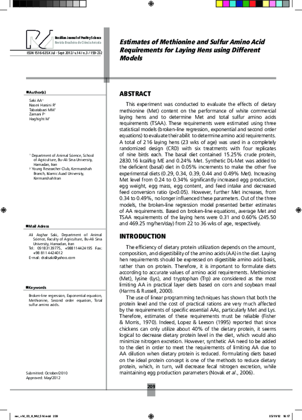 (PDF) Estimates of methionine and sulfur amino acid requirements for ...