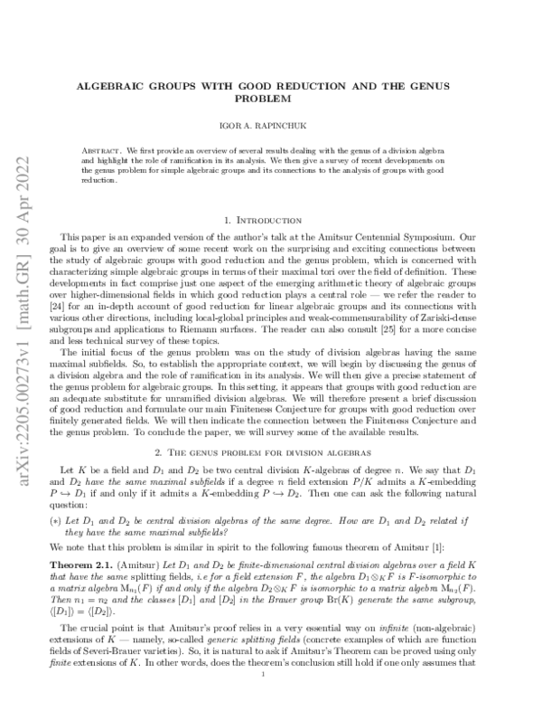 (PDF) Algebraic groups with good reduction and the genus problem