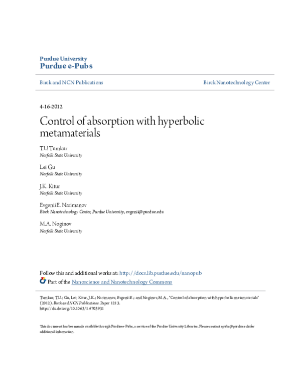 (PDF) Control of absorption with hyperbolic metamaterials