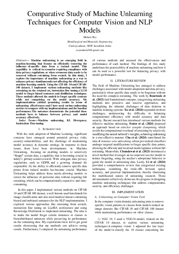 (PDF) Comparative Study of Machine Unlearning Techniques for Computer ...