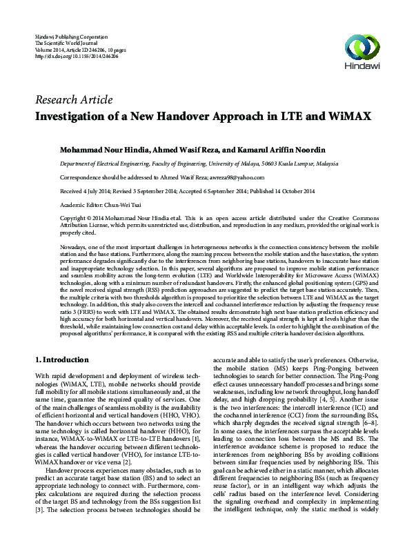 (PDF) Investigation of a New Handover Approach in LTE and WiMAX