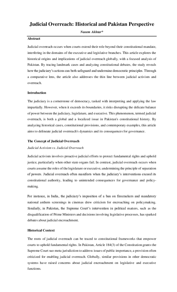 (PDF) Judicial Overreach: Historical and Pakistan Perspective