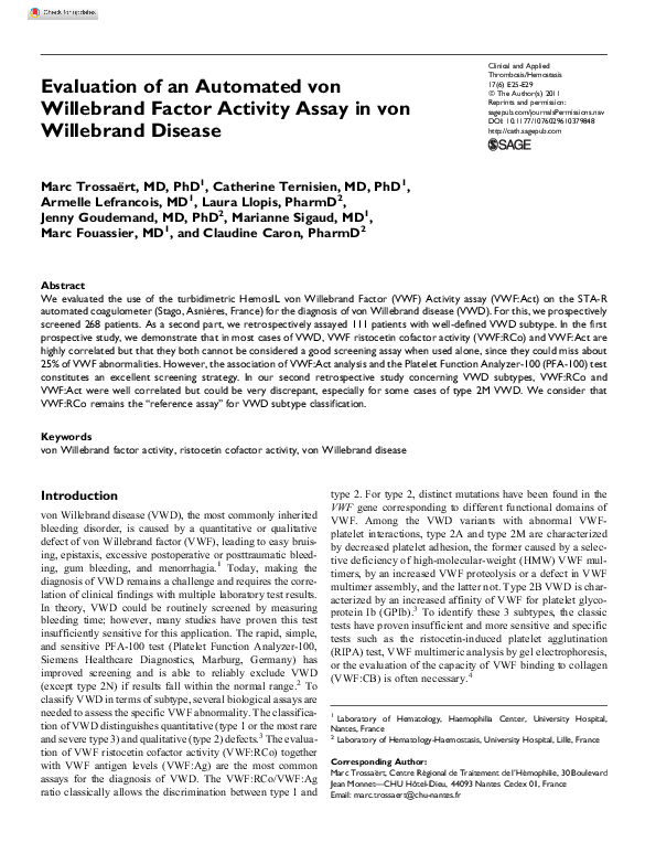 (PDF) Evaluation of an Automated von Willebrand Factor Activity Assay ...