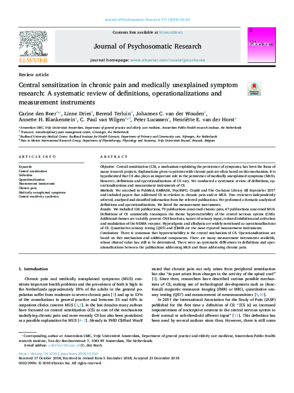 (PDF) Central sensitization in chronic pain and medically unexplained ...
