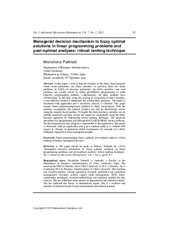 (PDF) Managerial decision mechanism to fuzzy optimal solutions in ...