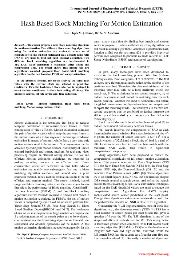(PDF) Hash Based Block Matching For Motion Estimation