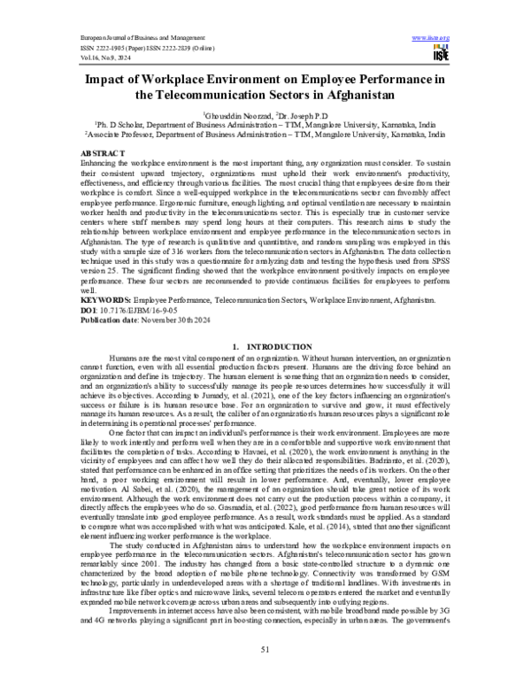 (PDF) Impact of Workplace Environment on Employee Performance in the ...