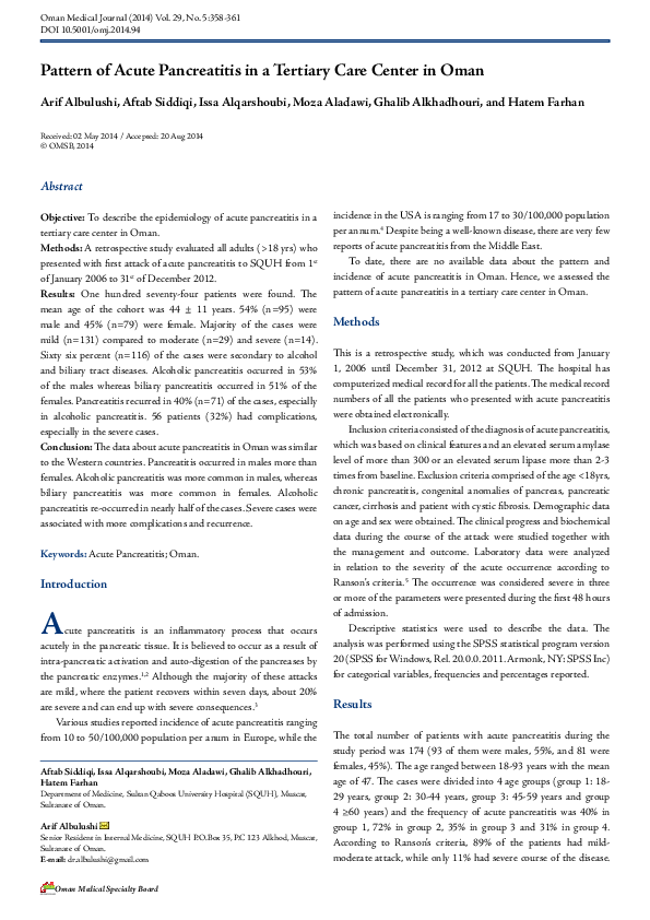 (PDF) Pattern of Acute Pancreatitis in a Tertiary Care Center in Oman