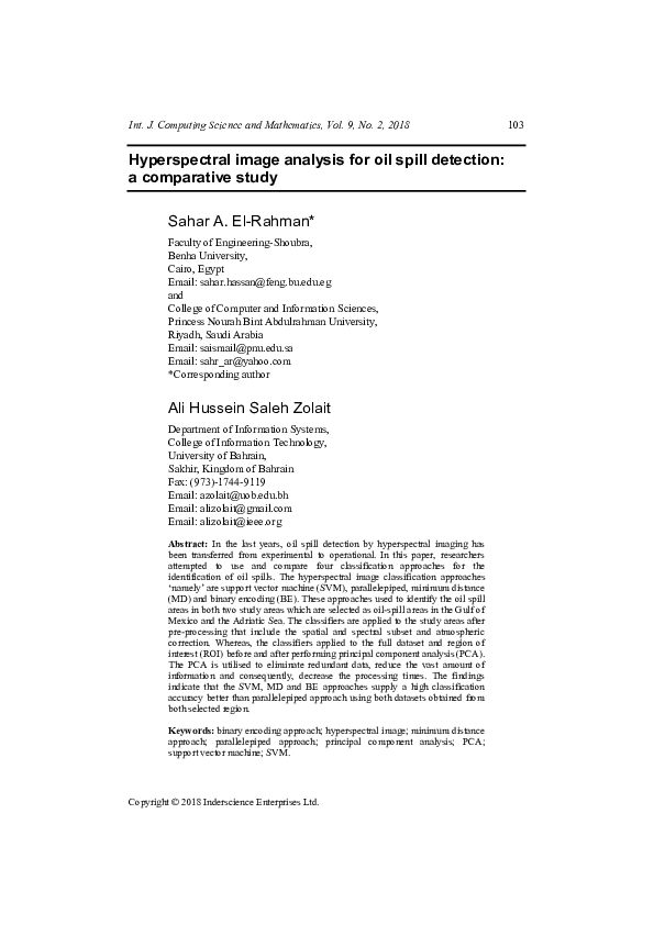 (PDF) Hyperspectral image analysis for oil spill detection: a ...