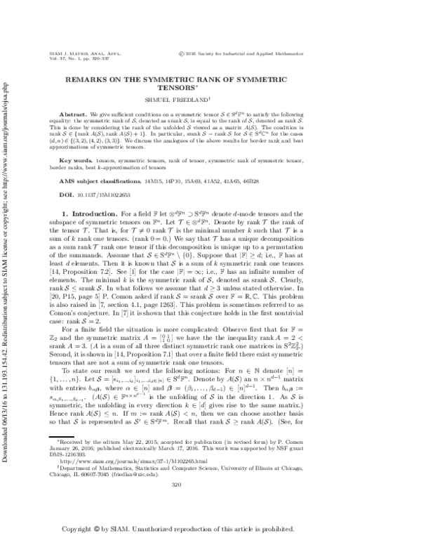 (PDF) Remarks on the Symmetric Rank of Symmetric Tensors