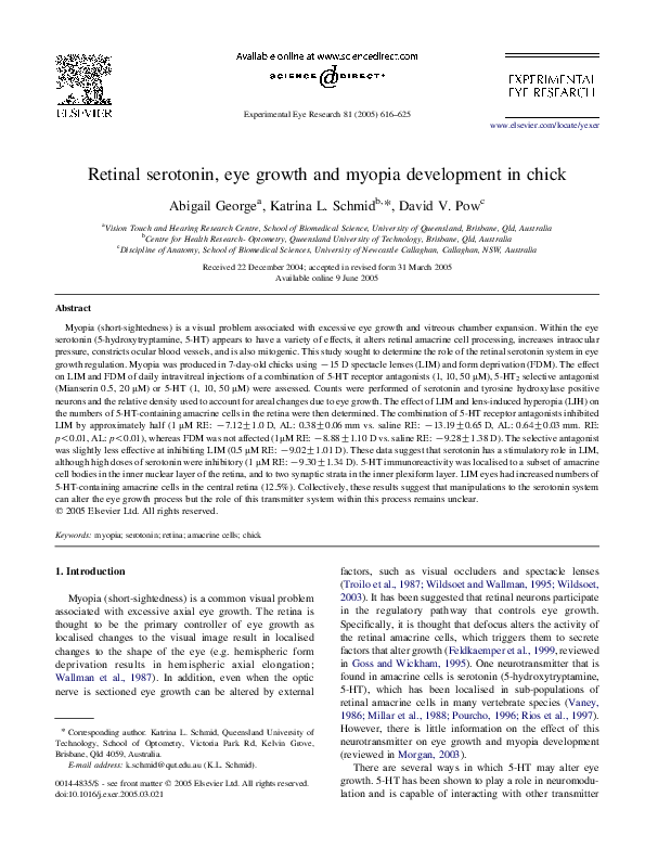 (PDF) Retinal serotonin, eye growth and myopia development in chick