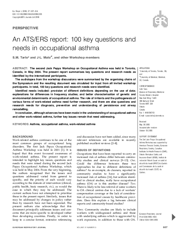 (PDF) An ATS/ERS report: 100 key questions and needs in occupational asthma