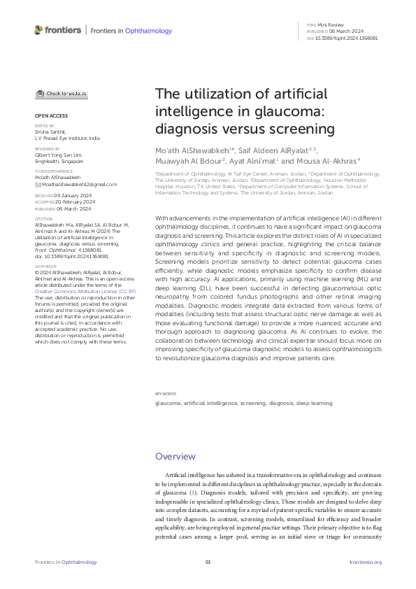 (PDF) The utilization of artificial intelligence in glaucoma: diagnosis ...