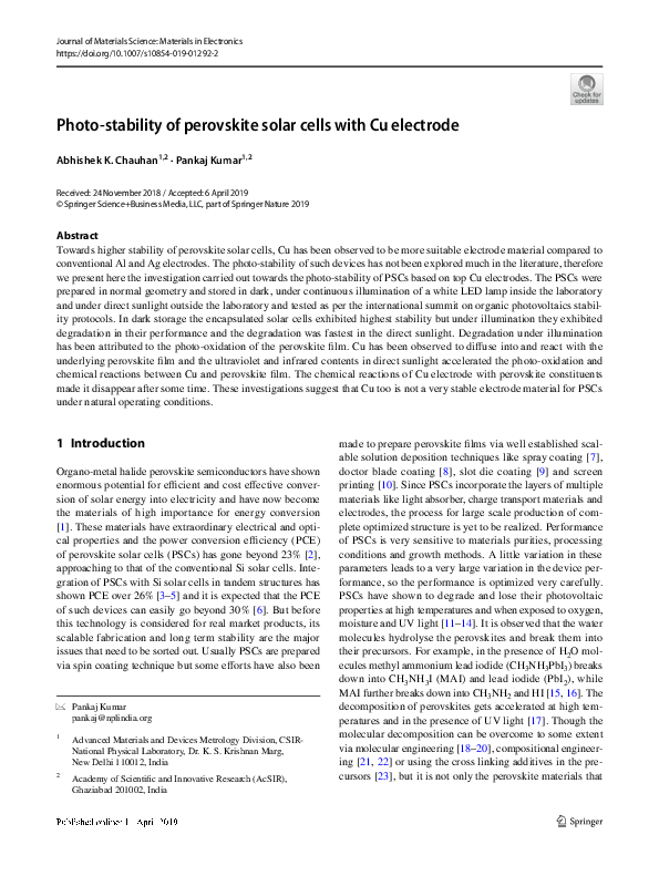 (PDF) Photo-stability of perovskite solar cells with Cu electrode