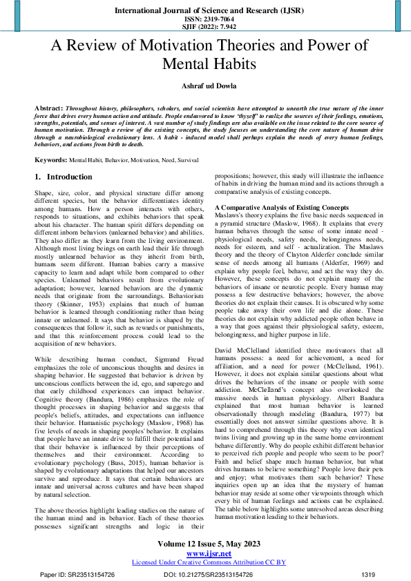 (PDF) A Review of Motivation Theories and Power of Mental Habits