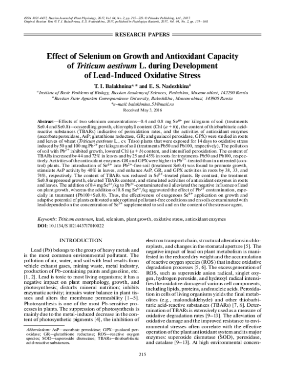(PDF) Effect of selenium on growth and antioxidant capacity of Triticum ...