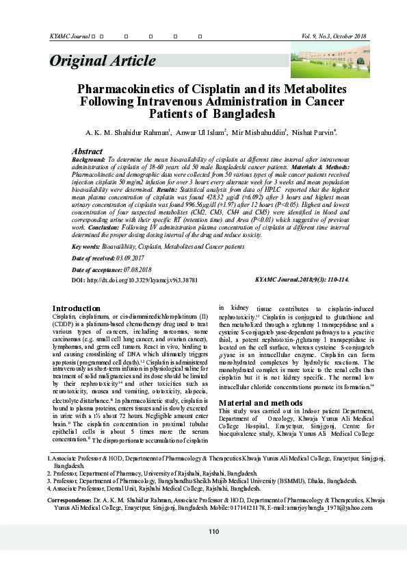 (PDF) Pharmacokinetics of Cisplatin and its Metabolites Following ...
