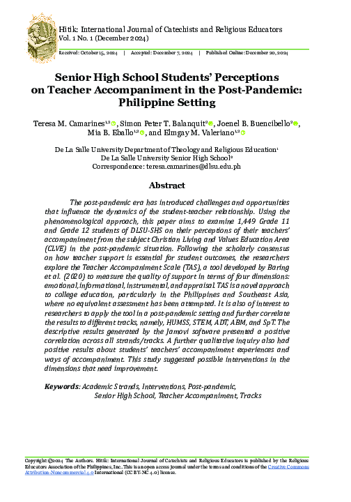 (PDF) Senior High School Students’ Perceptions on Teacher Accompaniment ...