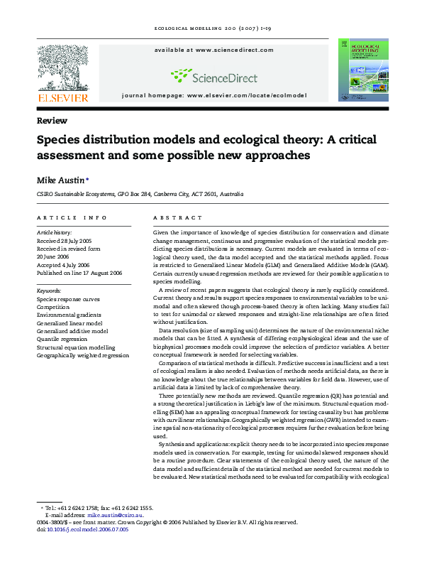 (PDF) Species distribution models and ecological theory: A critical ...