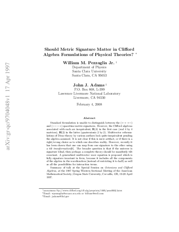 (PDF) Should Metric Signature Matter in Clifford Algebra Formulations ...