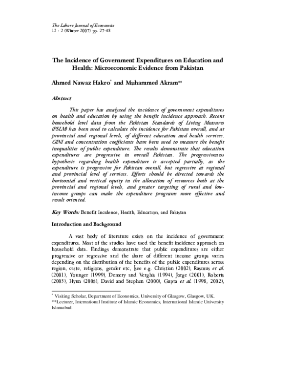 (PDF) The Incidence of Government Expenditures on Education and Health ...