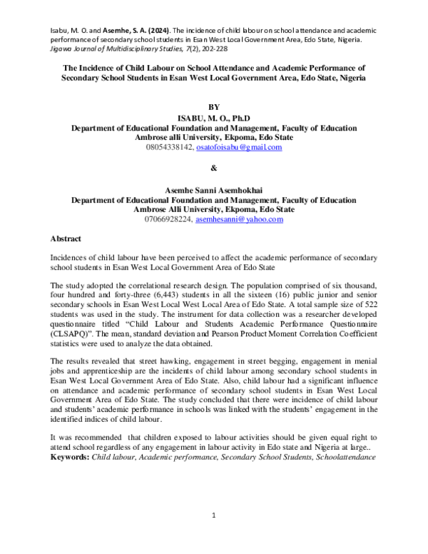 (PDF) The Incidence of Child Labour on School Attendance and Academic ...