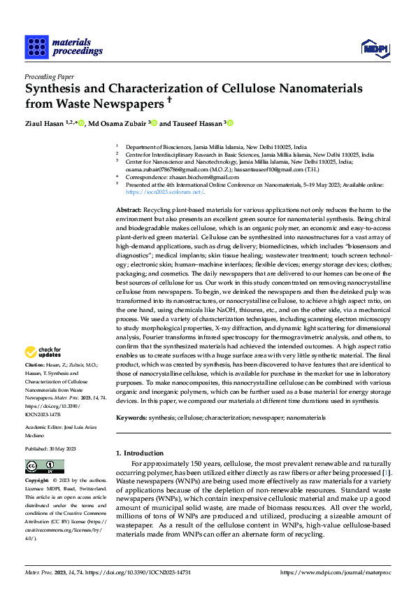 (PDF) Synthesis and Characterization of Cellulose Nanomaterials from ...