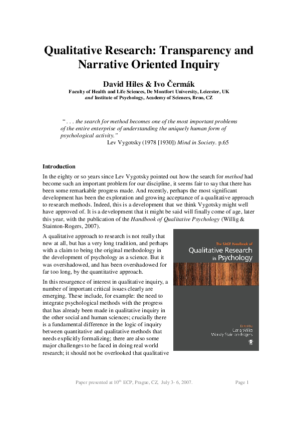 (PDF) Qualitative Research: Transparency and Narrative Oriented Inquiry
