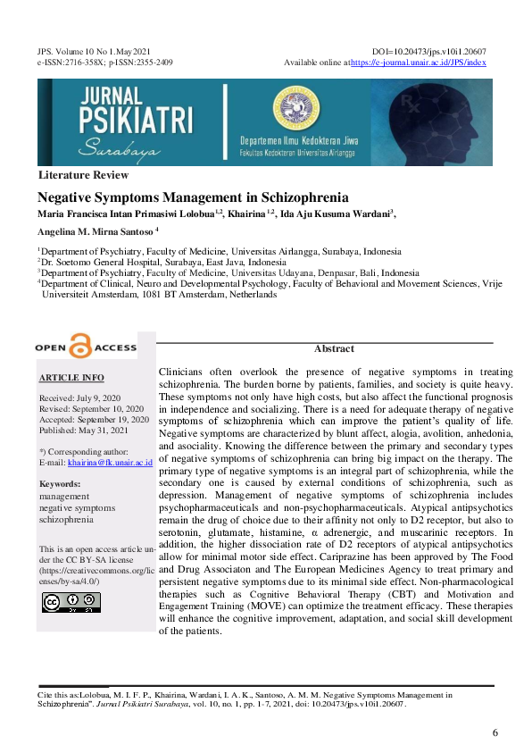 (PDF) Negative Symptoms Management in Schizophrenia