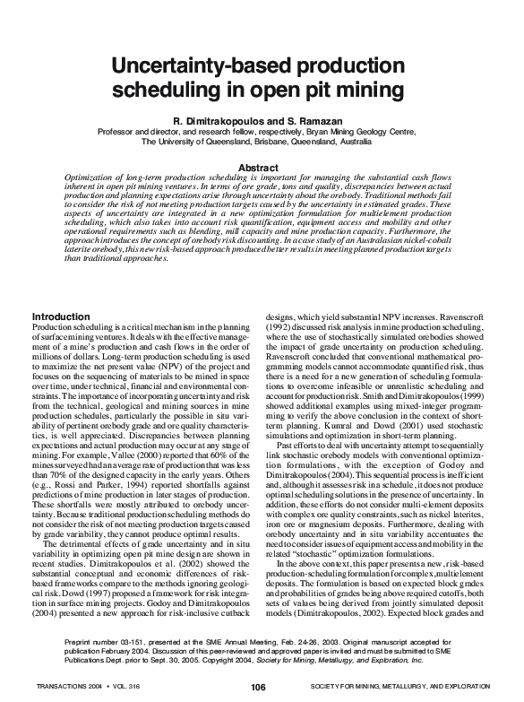 (PDF) Uncertainty-based production scheduling in open pit mining