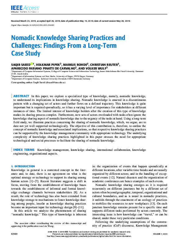 (PDF) Nomadic Knowledge Sharing Practices and Challenges: Findings From ...