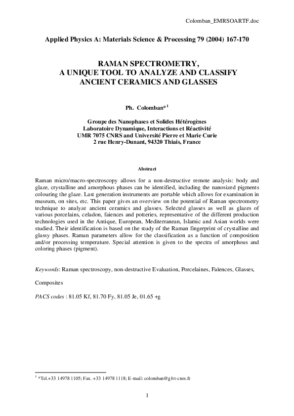 (PDF) Raman Spectrometry, a Unique Tool to Analyze and Classify Ancient ...