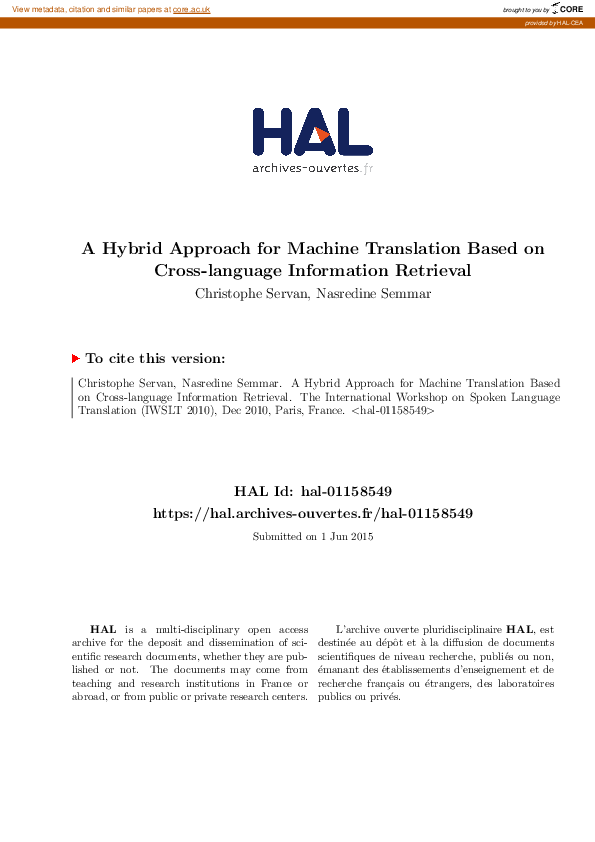 (PDF) A Hybrid Approach for Machine Translation Based on Cross-language ...