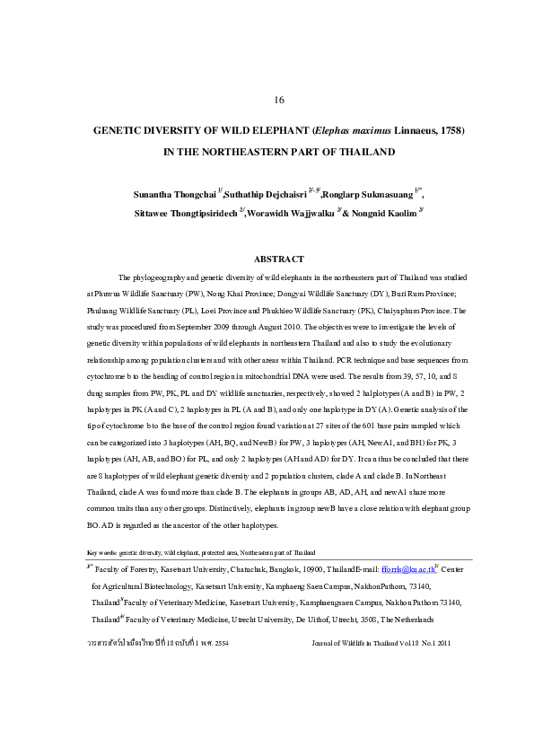 (PDF) GENETIC DIVERSITY OF WILD ELEPHANT (Elephas maximus Linnaeus ...