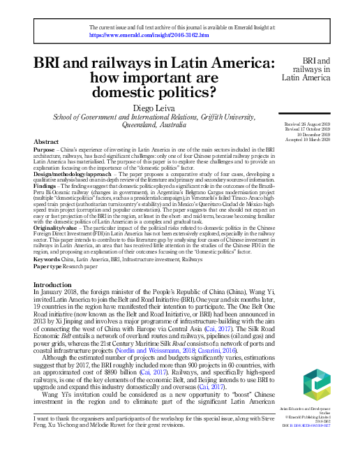 (PDF) BRI and railways in Latin America: how important are domestic ...