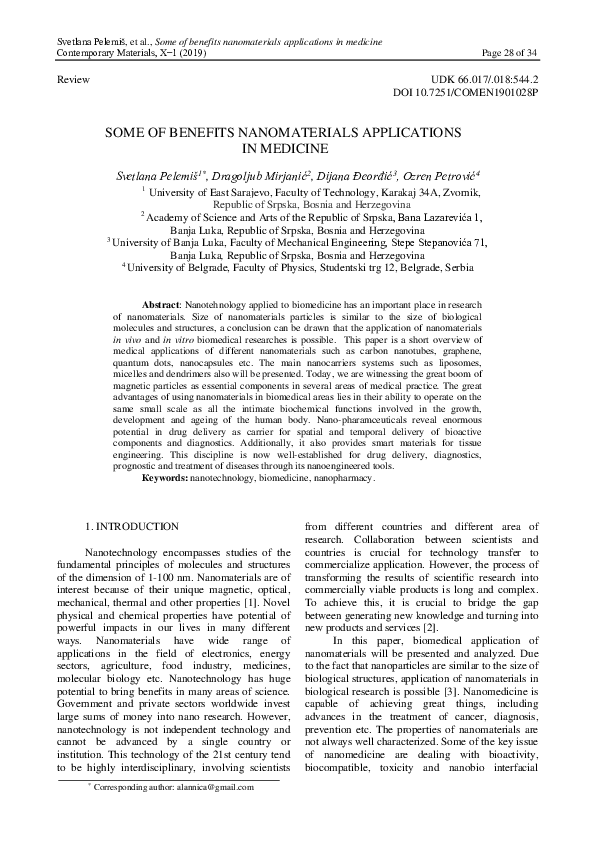 (PDF) Some of Benefits Nanomaterials Applications in Medicine