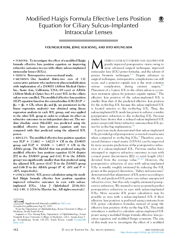 (PDF) Modified Haigis Formula Effective Lens Position Equation for ...