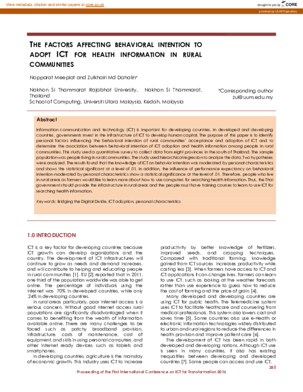 (PDF) The factors affecting behavior intention to adopt ICT for health ...