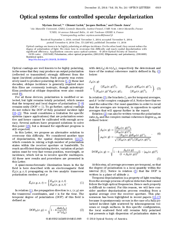 (PDF) Optical systems for controlled specular depolarization