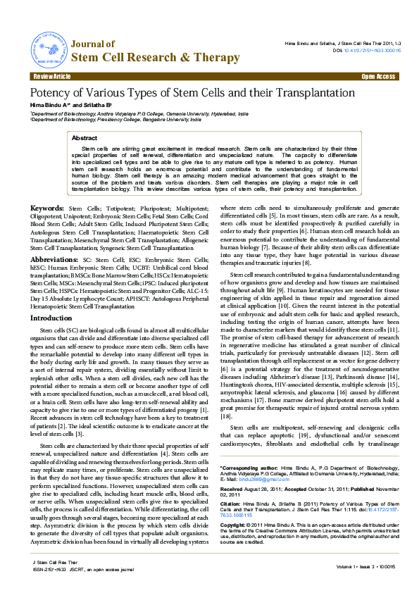 (PDF) Potency of Various Types of Stem Cells and their Transplantation