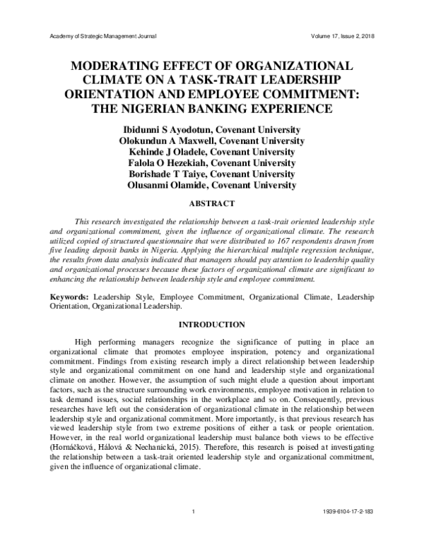 (PDF) Moderating Effect of Organizational Climate on a Task-Trait ...