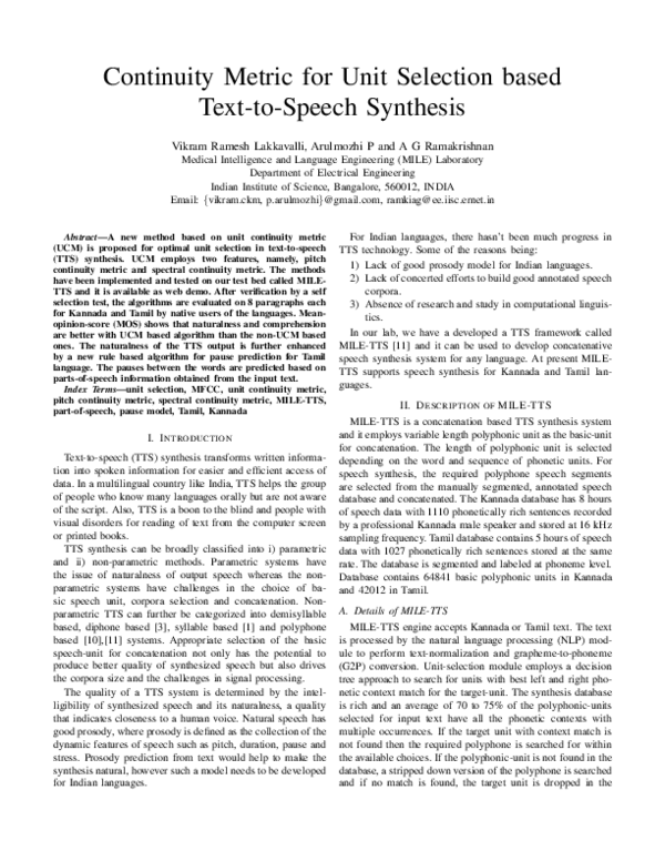 (PDF) Continuity metric for unit selection based text-to-speech synthesis