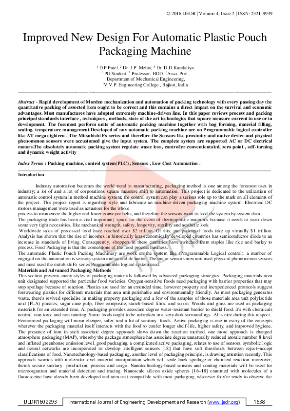 (PDF) Improved New Design For Automatic Plastic Pouch Packaging Machine